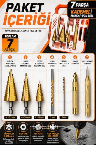7 Parça Kademeli Matkap Ucu Seti Titanyum Kaplama Hss Sac Metal Ahşap Plastik Delici Uç Seti