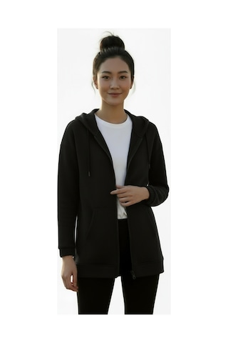 Lyvean Fermuarlı Üç İplik Penye Sweatshirt Siyah