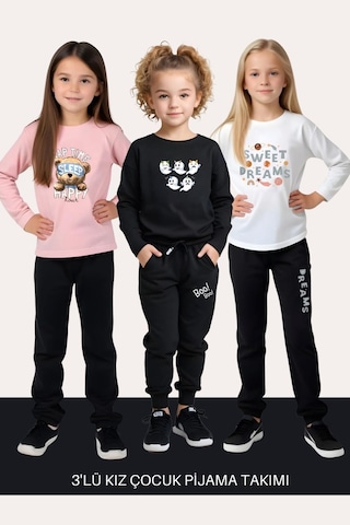 Fyk Kids Kız Çocuk 3'lü Yuvarlak Yaka Sweat Dreams Baski Detayli Alt-üst Pijama Takimi Çok Renkli