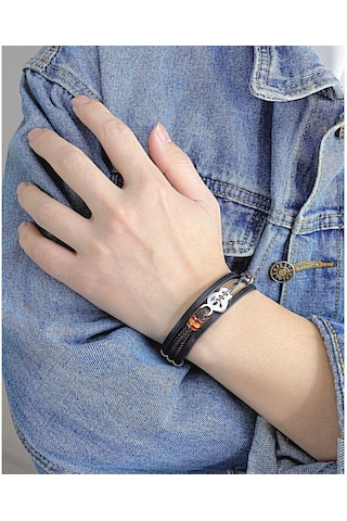 Avrupa Ve Amerikan Punk Erkek Deri Çok Katmanlı Örgülü Gitar Bilekliği Erkek Arkadaş İçin Gümüş - Siyah