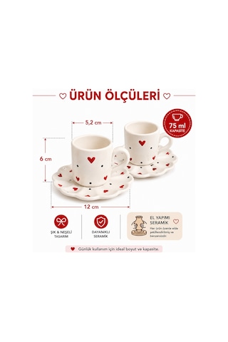 El Yapımı Seramik Türk Kahvesi Fincan Takımı,2 Kişilik-4 Parça Fincan Seti,75 Ml Çok Renkli - Kırmızı Kalp Desen