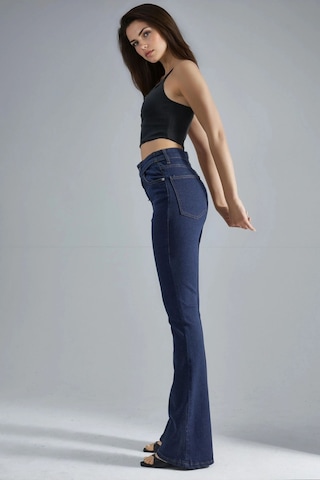 Hiccup Squalo Yüksek Bel Kemer Detaylı Flare Kot Pantolon Koyu Mavi Denim