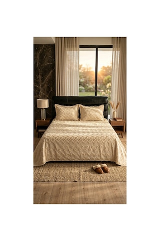 Krem Şönil İskandinav Yatak Örtüsü Takımı 250 X 260 Cm Valonlu Model 2 Adet 50 X 70 Yastık Kılıfı Bej