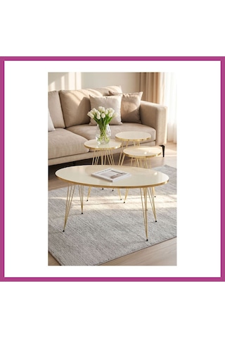 Gees Global Zigon Sehpa Ve Orta Sehpa Elips Set Gold Krem Tel Gbzs