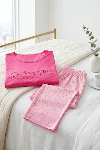 Aura Collections Kadın Desenli Bambu Viskon Uzun Kollu Soft Örme Mevsimlik Pijama Takımı Pembe