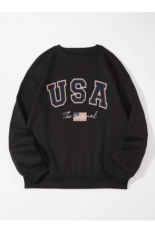 Unisex Oversize Siyah The Usa Baskılı Bisiklet Yaka Sweatshirt Koyu Siyah