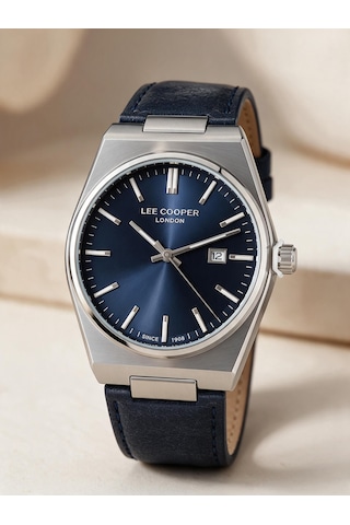 Lee Cooper Lacivert Deri Kayış Mavi Kadran 40 Mm Yuvarlak Erkek Kol Saati, Bileklik Hediyeli Gümüş