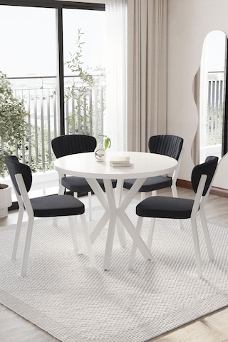 Elma Mutfak Masası Takımı Yuvarlak 4 Kişilik Mutfak Yemek Masa Takımı Antrasit Düz Beyaz