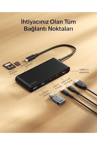 Usb-c Hub, 7 Portlu, 60 Hz De 4k Hdmı Ekran Desteği, Sd Ve Microsd Yuvaları, 100w Güç İletimi, 5gbps Veri Aktarımı, Apple MacBook Uyumlu , Apple iPad Uyumlu, Pro, Chromebook İçin Usb-c Çoklu Port Adaptörü, Hdmı 2.0, Siyah
