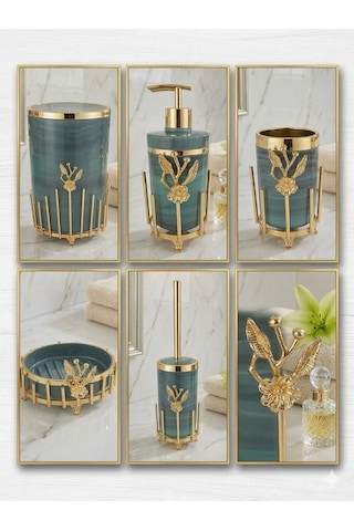 Makri Home Gold Kaplama Metal Stantlı 5 Parça Mermer Desenli Ve Düz Renk Seçenekli Banyo Aksesuar Takımı Yeşil