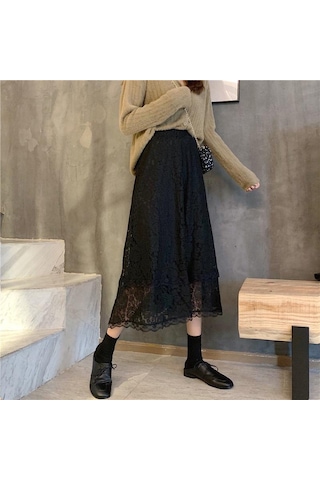 Sonbahar Ve Kış Yüksek Belli Dantel Etek Orta Boy Tüm Maç Düz Renk Çiçek Kayısı