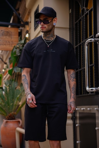 Siyah Renk Bisiklet Yaka Şort Tişört Takım-1707 Siyah