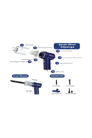 Yifomall Kablosuz Şarjlı Taşınabilir Araç İçi Toz Emici Ve Üfleyici, Güçlü Emiş, Kolay Kullanım