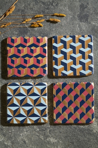 Geometrik Desen Altın Varaklı 4'lü Traverten Bardak Altlığı Çok Renkli