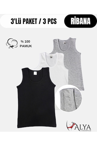 Alya Underwear Erkek Çocuk Pamuk Ribana Atlet Oval Yaka 3'lü Paket Beyaz,siyah,gri-t01