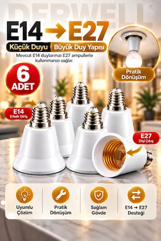 6 Adet E14'ten E27'ye Ampul Duy Dönüştürücü Adaptör - Küçük Duyuyu Büyük Duya Çevirici Aparat, Ev Ve Ofis İçi Pratik Aydınlatma Çözümü, Sağlam Ve Dayanıklı Gövde Yapısı