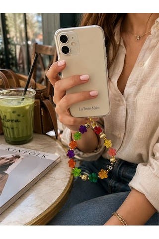 Iconic Rengarenk Çiçekli Nazar Boncuklu Telefon Askısı, Boncuklu Telefon Charmı Ve Çanta Aksesuarı