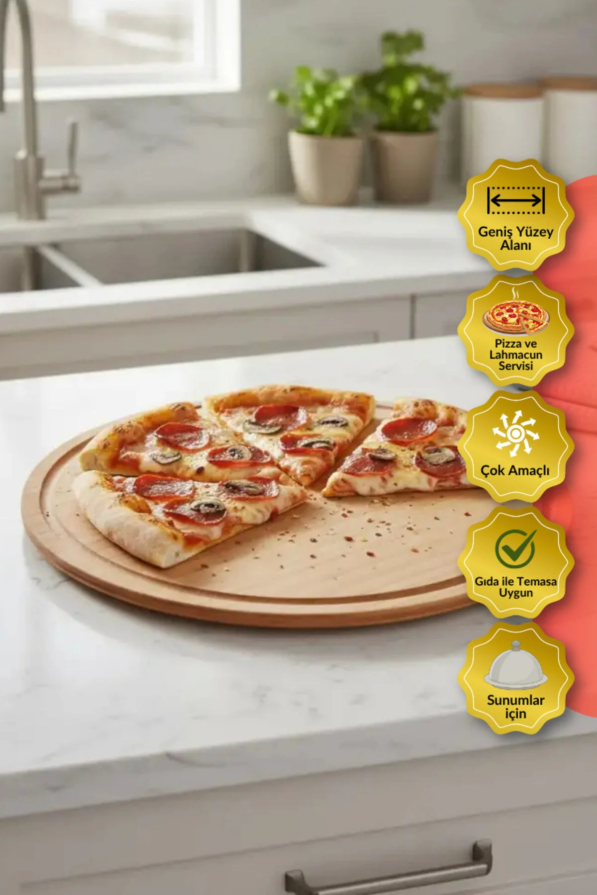 Dr.maya Pizza Sunum Ve Kesme Tahtası Ahşap Servis Tepsi Sunumluk, Pratik Ve Şık Tasarım Meşe Ağacı Meşe Ağacı