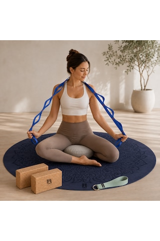 Meditasyon Ve Yoga Destek Seti - Oval Mat + Kadife Minder + Yoga Kemeri + Cork Blok 2li + Kademeli Germe Kayış Mor