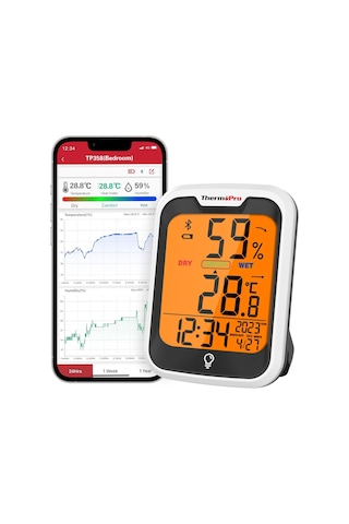 Thermopro Tp358 Dahili Saatli Termometre Higrometre, Bluetooth Dijital Ev Termometresi, Veri Depolama Ve Oda İçin Uyar