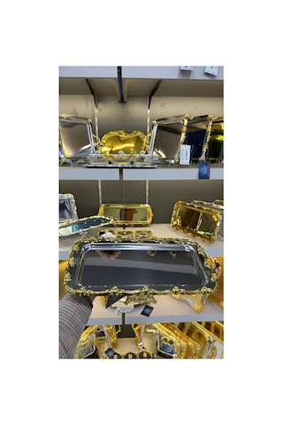 6 Adet Tek Kişilik Gold Döküm Gül Motif Detaylı Ayaklı Kahve Çay Söz Sunum Tepsisi 6 Adet Altın