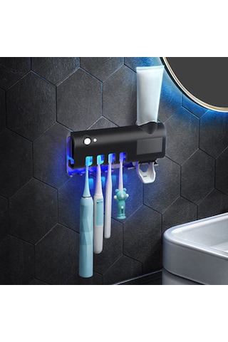 Geeksen Uv Işınlı Güneş Enerjili Şarj Edilebilir Otomatik Diş Macunu Dispenser Duvar Diş Fırçası Dezenfektör Organizer Siyah