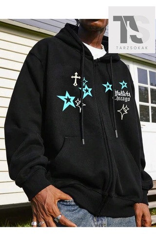 Tarzsokak Chicago Star Sembol Sweatshirt Fermuarlı Hırka Siyah Siyah