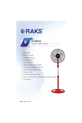 Raks Sf 16 Eco Kırmızı Salınım Özellikli Ayaklı Vantilatör 50w
