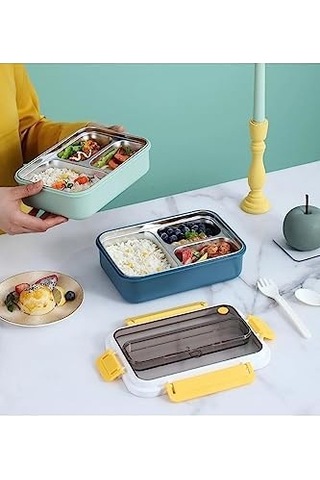 1000ml Lunchbox Tek Katlı 3 Bölmeli Çelik Sefer Tası Yemek Kutusu Koyu Yeşil Bakır