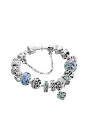 Trend Kalp Aşk Temalı Mavi Charm Bileklik, Ahşap Kutu İçerisin