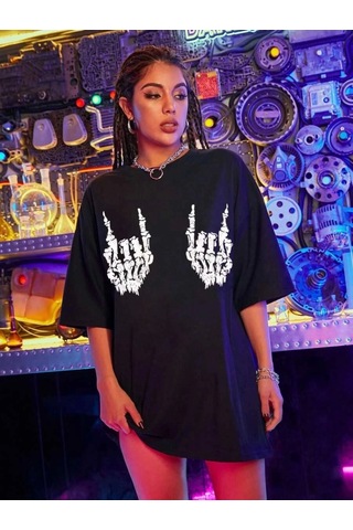 Modi Baskılı Oversize T-shirt - Siyah - Mymg146044