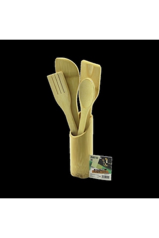 Ahşap Bambu Mutfak Servis Seti 5 Parça Kaşık, Çatal, 2 Spatula, Stand 27.5/30 Cm Çok Renkli
