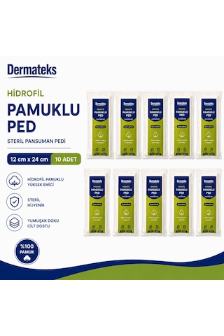 Dermateks Hidrofil Pamuklu Ped 12 24cm Steril Pansuman Pedi 10 Adet