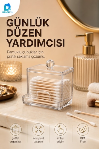 Şeffaf Kapaklı Kulak Çubuğu Ve Pamukluk Banyo Makyaj Organizer Kutusu