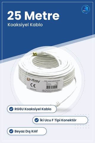 Uydu Anten Kablosu 25 Metre Beyaz Koaksiyel Uzatıcı Kablo Rg6u Tv