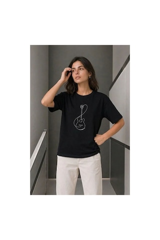Butik İstanbul Minimal Gitar Baskılı Tişört T-shirt Yazlık Kısa Kol Bisiklet Yaka T-shirt - Siyah