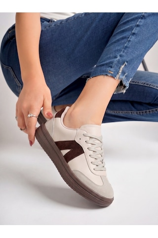 Kadın Sneaker Yüksek Taban Ortopedik Bağcıklı Spor Ayakkabı Retro Bej-011