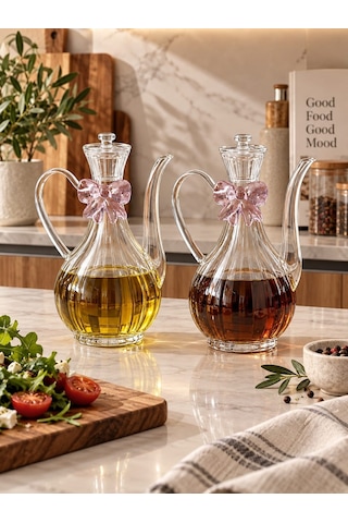 Qerhome Pembe Fiyonk Tasarımlı Borosilikat Cam Glorry Yağlık Veya Sirkelik 750 Ml+750 Ml Çizgili Tasarım Şeffaf