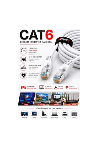 Fury Cat6 Ethernet Kablosu 20 Metre Rj45 Lan İnternet Modem Router Bilgisayar Kablosu