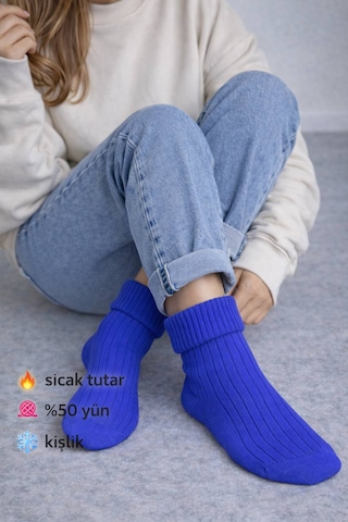 Perili Yün Bot Çorabı Mavi Saks