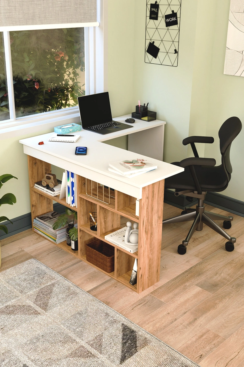 Corn Köşe Çalışma Masası Raflı Bilgisayar, Ofis Masası Beyaz - Atlantik Çam Beyaz - Atlantik Çam