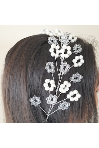 Beyaz Renk Incili Ve Kristal Boncuklu Gelin Tacı (549083535)