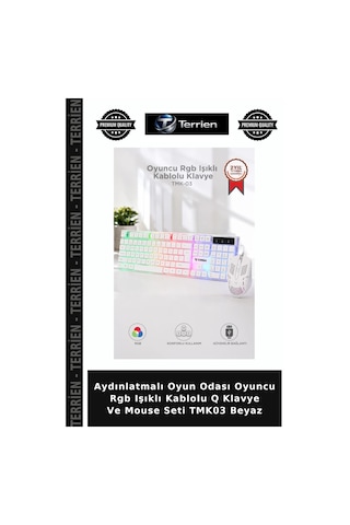 Aydınlatmalı Oyun Odası Oyuncu Rgb Işıklı Kablolu Q Klavye Ve Mouse Seti Tmk03 Beyaz