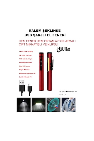 Kalem Şeklinde Şarj Edilebilir El Feneri Güçlü Mıknatıslı Hem Ortam Aydınlatma Hem Fener Kamp Lamba Kırmızı
