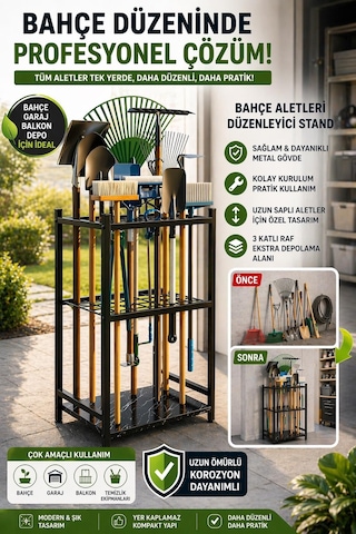 Bahçe Aletleri Düzenleyici Stand Kazma Kürek Organizer Raf Çok Amaçlı Metal Garaj Balkon Rafı