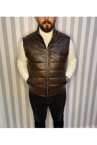 Şişme Hakiki Deri Yelek Karartmalı Kahve Gündelik,mevsimlik Slim Fit Kesim Kahverengi