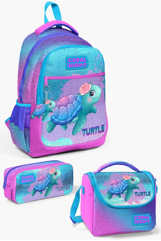 Coral High Kids Açık Pembe Mavi Kaplumbağa Desenli 3 Lü Okul Çanta Seti Set0123497