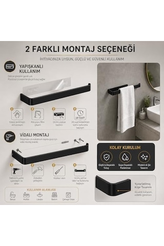 Lamalı Siyah Yapışkanlı Lüks Tasarım Solo Peçetelik, Metal Havluluk, Hem Yapışkanlı Hem Vidalı Montajlı, Banyo Ve Mutfak İçin Modern Duvar Havlu Askısı Diğer