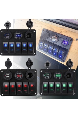 Xuweiwei 12-24v 5 Gruplu Yeşil Deniz Rocker Anahtar Paneli Çift Usb 42a Led Voltaj Ölçer Araç Fişi Araba Karavan Tekne Atv Utv Kamyon