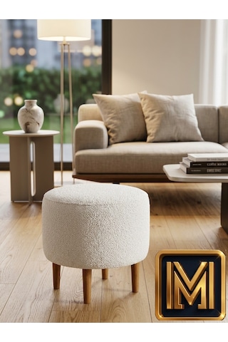 Soft 01 Yuvarlak Puf Koltuk Yumuşak Doku Nubuk Kumaş Modern Tasarım Dekoratif Puf Ahşap Ayaklı Oturma Pufu Şık Ve Konforlu Salon Ve Yatak Odası Pufu İskandinav Buklet Boucle Bohem Tabura Etnik Balkon Beyaz